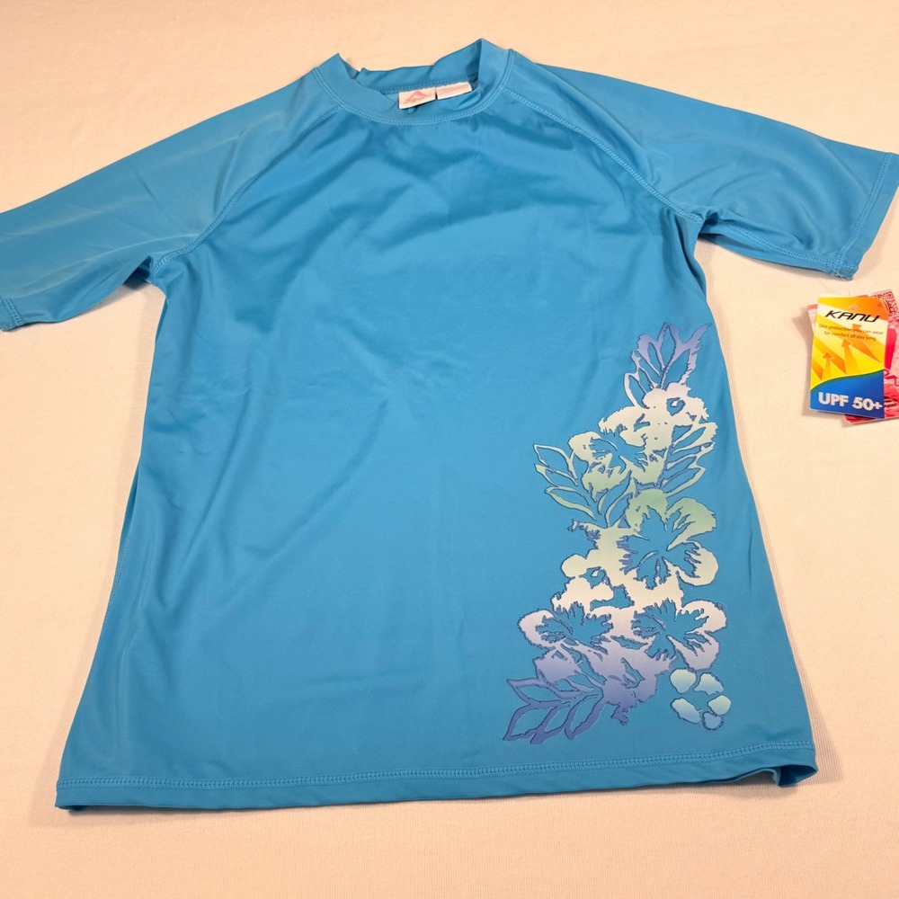 Kanu Surf Rash Guard Large‎ Aqua Blue Floral UPF 50+ Short Sleeve Swim Shirt